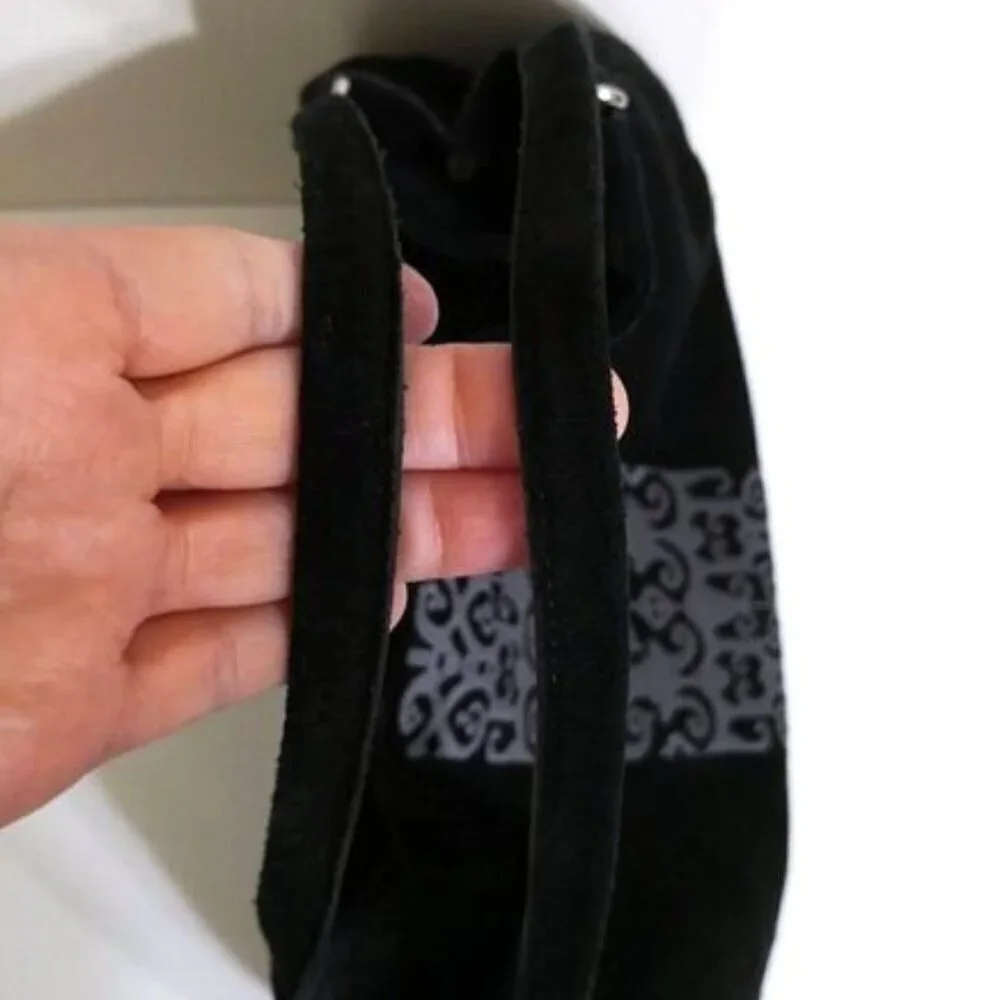 Adrienne Vittadini Boho Embroidered Sued Leather Hobo Bag Black Grey